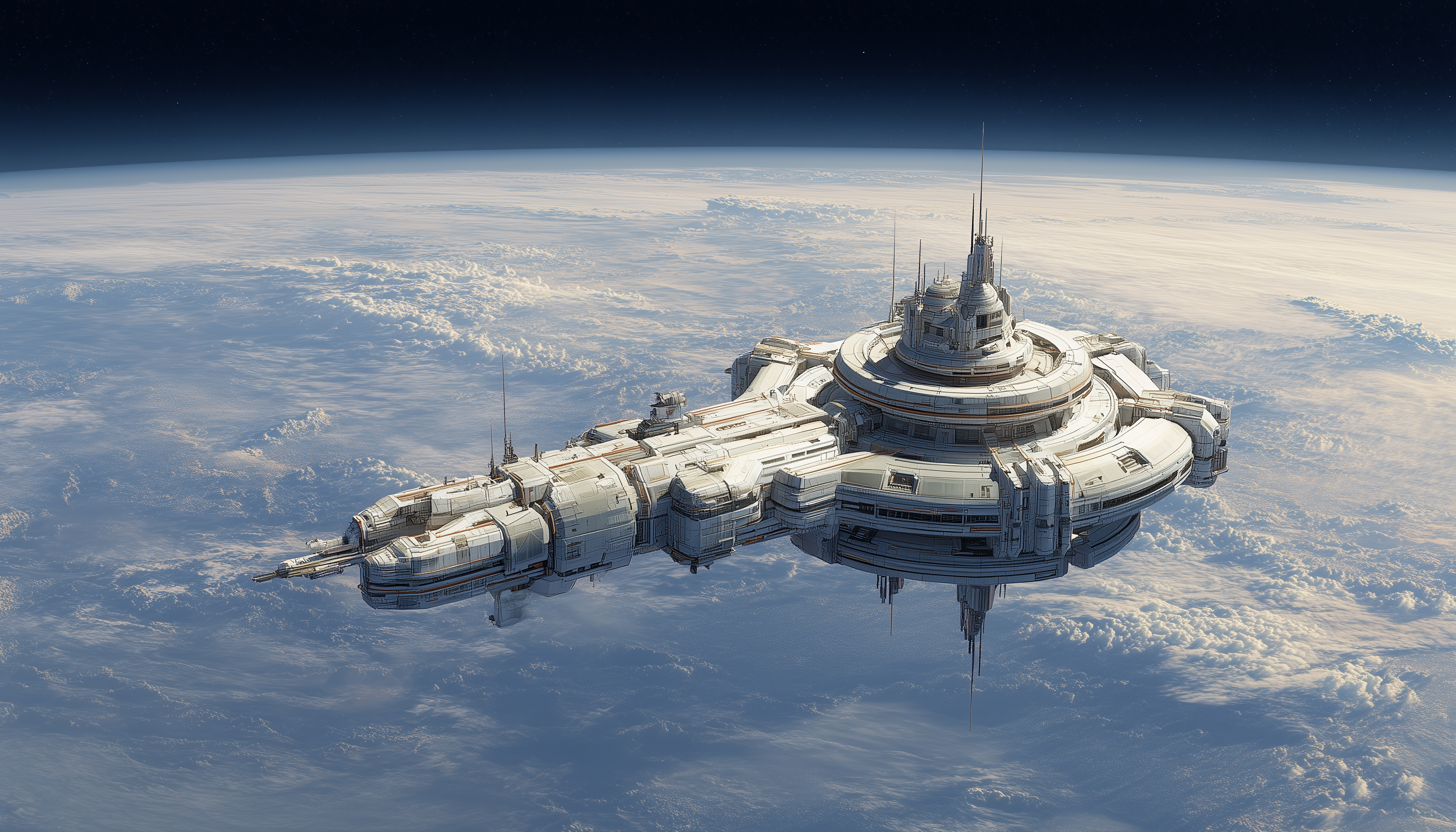 A view of Wochiers starport above Wochiers from the Kalitá as she approaches.